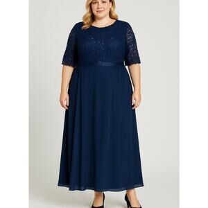 JJ's House A-line Boat Neck Illusion Maxi Lace Chiffon Dress Sequins Navy Blue
